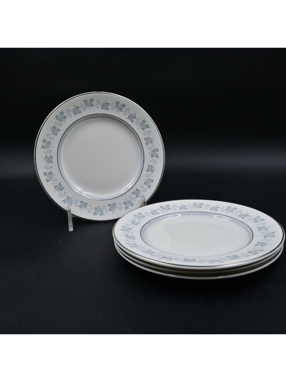 Royal Doulton Lyric Bread & Butter Plates 6.5" Set of 4 Blue Leaves Silver Rim